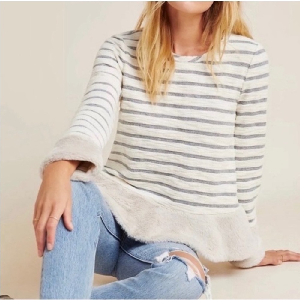 NWT Anthropologie Maeve Astor Fur Trimmed Gray-Cream Striped Pullover Sweater